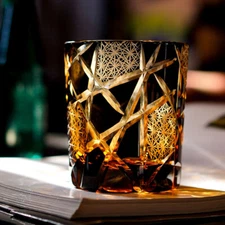 Edo Kiriko Drinking Glass Old Fashioned Crystal Whisky Cup For Bourbon 9oz Black