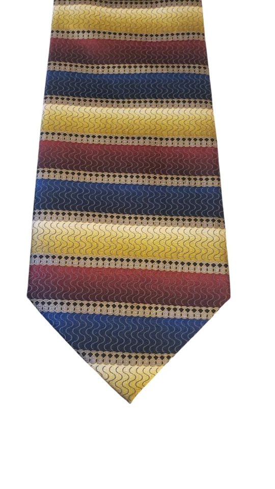 Corbata Carlos Devenezia Roja Azul Amarillo Colorblock Rayas Hecha a Mano Seda Suave Foto 2 de 4