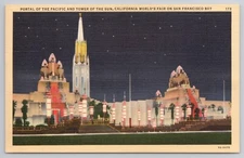 Portal Of The Pacific Tower Of The Sun at Night California World's Fair Postcard