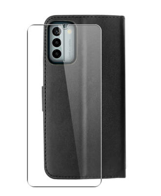 Leather Wallet Flip Case for Nokia G22 and Glass Screen Protector Black