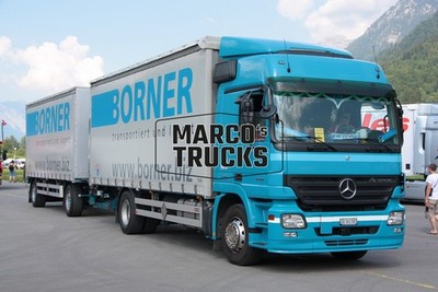LKW Foto Mercedes-Benz Actros Deichsel Anhänger Schweiz blau BORNER trans #k1rb