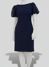 Eliza J Women's Blue Sequined Puff-Sleeve Boat-Neck Dress Size 4