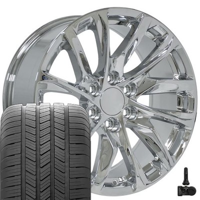 20x9 Chrome 4875 Wheels, Goodyear Tires & TPMS Set Fit Silverado Tahoe Suburban