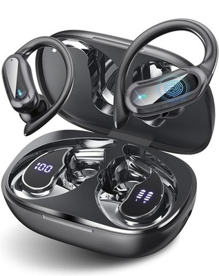 TRAUSI Bluetooth 5.4 Wireless Earbuds 54H Ear Hooks IPX7 ENC LED Display Black