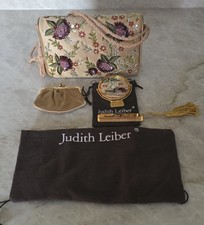 Judith Leiber Vtg Beaded Satin Shoulder Bag w/ Mirror Comb Coin Purse Dust Bags