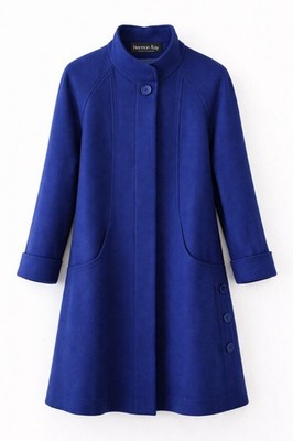 Herman Kay Blue Wool Coat Womens 14 Swing Hidden Button Long Chic