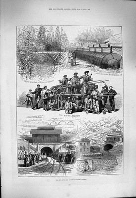 Original alter antiker Druck 1877 St. Gothard Eisenbahn Tunnel Zug Bohrmaschine