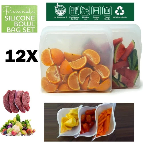 12x Resealable Food Storage Freezer Bag Silicone Kitchen Vacuum Fresh Zip Lock - Picture 1 of 7