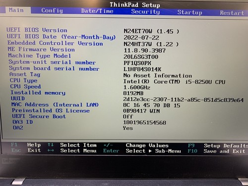 Lenovo 20L6SG3T00 14" Core i5-8250U 1.6GHz 8GB RAM 256GB SSD NO OS Good - Picture 2 of 9