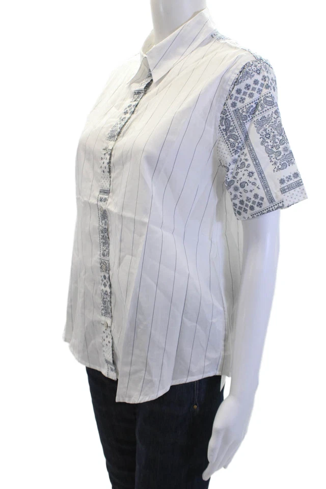 Clu TOO Women's Collared Short Sleeves Cotton Button Down Shirt Striped Size XS - Image 2 of 4