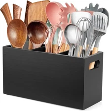 ALELION Black Kitchen Utensil Holder for Countertop - Wooden Large Utensil Caddy
