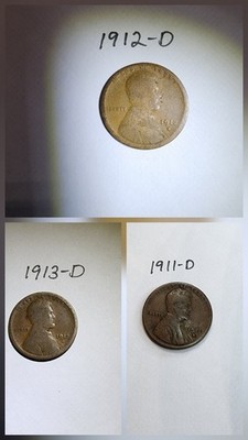 1911 D, 1912 D, 1913 D  Lincoln Wheat Cents 3 Coins