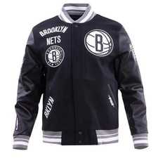NBA Brooklyn Nets Retro Varsity Jacket Black Wool Real Leather Bomber Style Coat