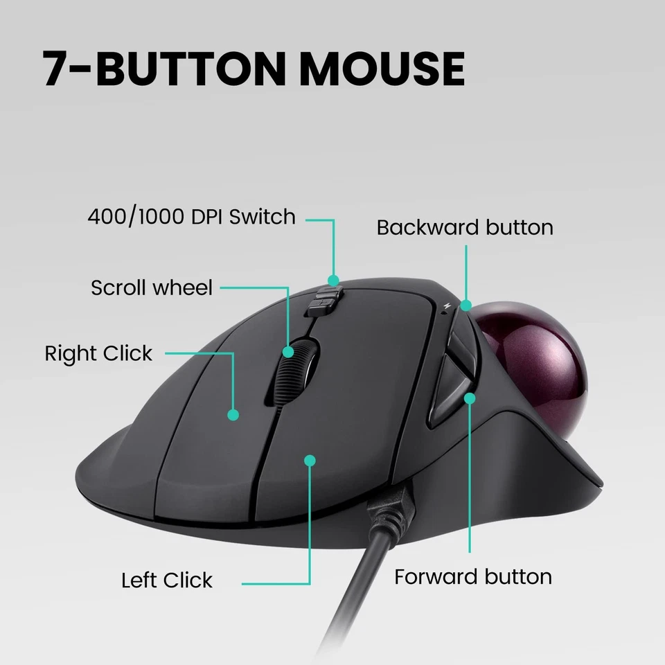 Perimice-517 Wired Trackball USB Mouse, 7 Button Design, Build-in 1.34 Inch T... - Image 2 of 4