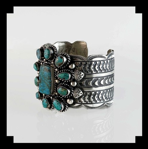 Native American Sterling and 11 Stone Kingman Turquoise Cuff - Picture 2 of 7