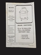 Craftsman Model 113.177021/ 113.177001 12 & 16 Gallon Wet/Dry Vac Owner's Manual