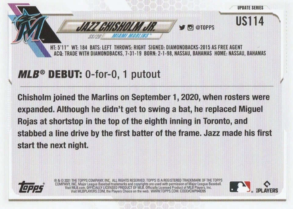 JAZZ CHISHOLM JR. (Marlins) 2021 Topps Update Series RC Card - Card Number US114 - Image 2 of 2