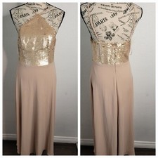 LULUS Maxi Dress Womens Medium Blush Tan Halter Sequin Embellished Gown