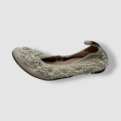 $895 Simone Rocha Women's Ivory Leather Beaded Ballet Flat Shoes Size 35