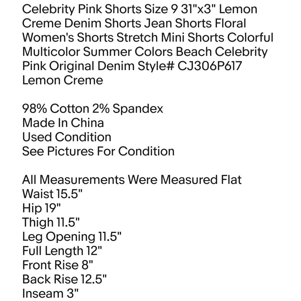 Pantalones Cortos Celebrity Rosa Talla 9 31"x3" Limón Crema Denim Pantalones Cortos Jean Floral Foto 2 de 4