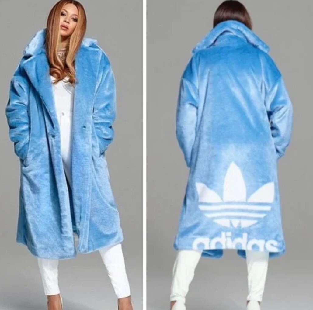 Beyonce Adidas X Ivy Park Fur Coat Long Jacket LightBlue Sz Beyonce Adidas X Ivy Park Fur Coat Long Jacket LightBlue Sz