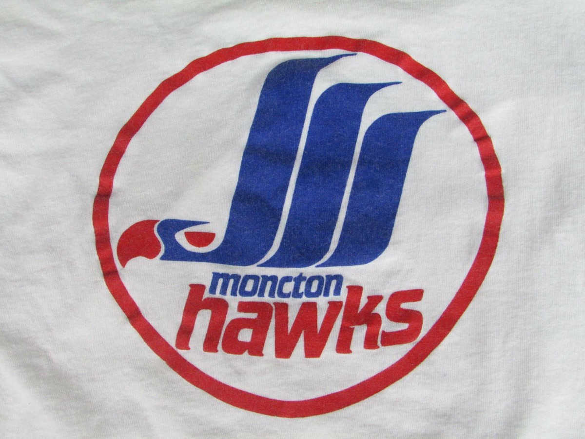 Vintage 1980s Moncton Hawks Hockey T Shirt AHL Minor League