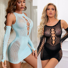 Women's Sexy Fishnet Lingerie Mini Dress Hollow Out Bodycon Babydoll Sleepwear
