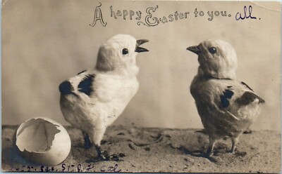 Postcard Happy Easter to You Greetings Two Chicks Hatched Egg RPPC Posted 1906