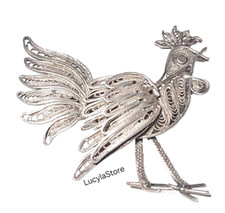 Broche prendedor vintage filigrana gallo pollo pájaro Génova moneda europea plata 800