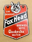 VINTAGE FOX HEAD BEER 12x7" GAS PUMP STATION PORCELAIN GASOLINE MOTOR OIL SIGN