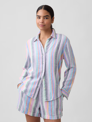 #ad Gap Women#x27;s Linen Blend Easy Shirt Multi Stripe. New With Tags Free Shipping $37.99