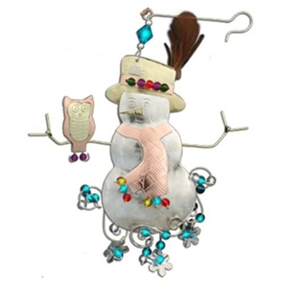 Mr. Snowman with Owl Metal Christmas Tree Ornament 4 Inch Fair Trade Multicolor