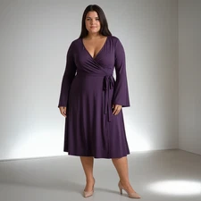 SIZE 14 TO 26 SURPLICE JERSEY DRESS IN PURPLE WRAPOVER BUST MIDI LENGTH