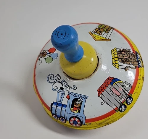 Vintage Ohio Art Tin Toy Spinner - Blue Handle Circus Design Metal Spinning Top