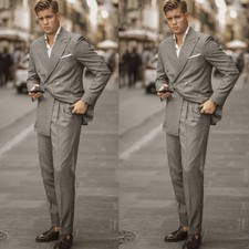 Light Grey Pinstripe Men's Suits Double Breasted 2-Piece Wedding  Casual Outfit