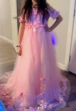 Girls Pink Purple Off-Shoulder Tulle Formal Dress Floral Lace Trim Train