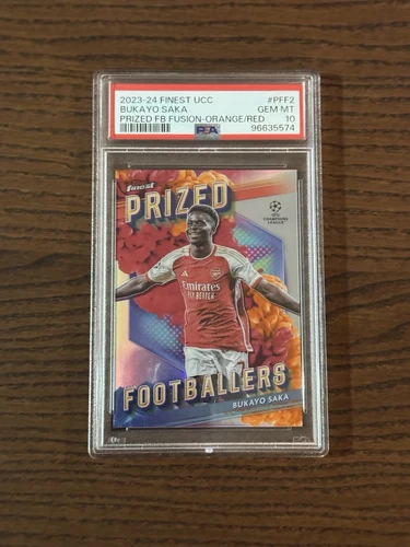 2023-24 Topps Finest Bukayo Saka Prized Footballers Fusion Orange Red PSA 10