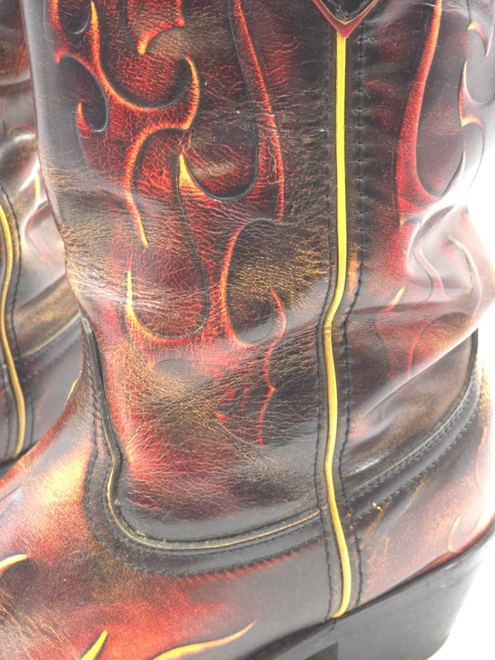HOT AF! Bota de Vaquero Occidental Vintage Llamas Fuego Cuero Genuino W 11 M 9 INREAL Foto 4 de 4
