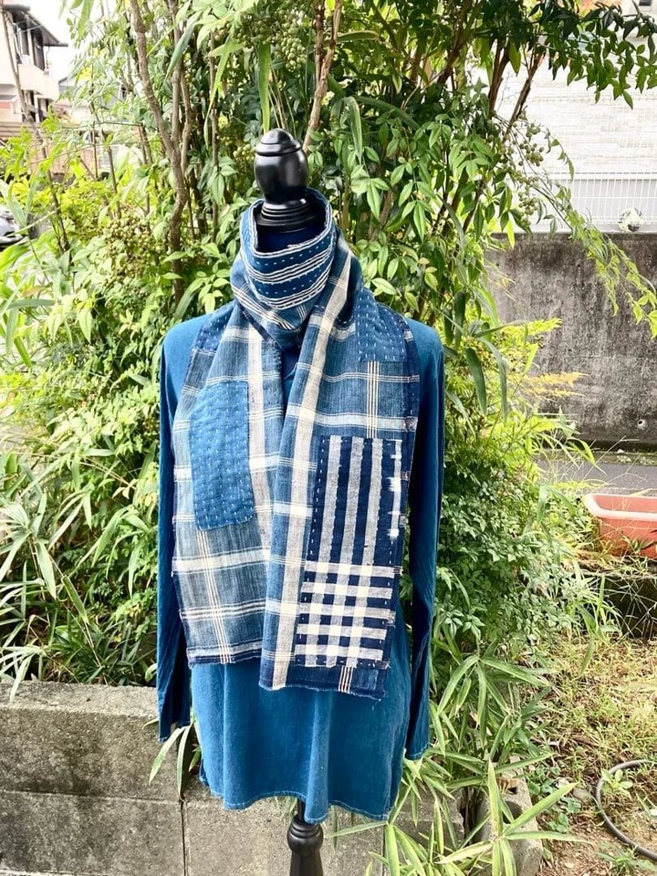 Bufanda de algodón japonesa vintage con retazos Sashiko estola a cuadros boro índigo hecha a mano Foto 4 de 4