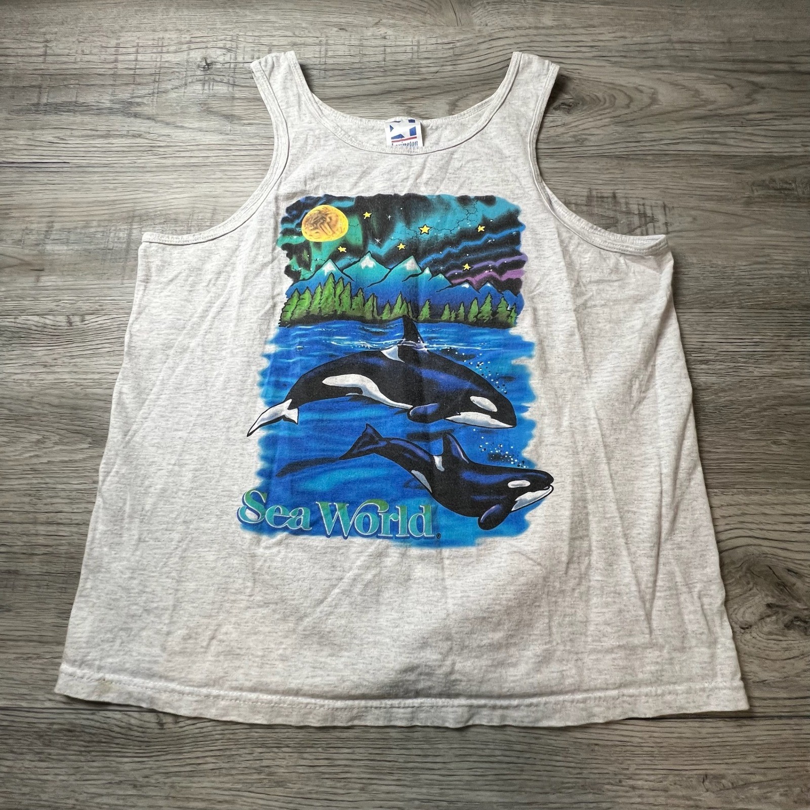 Lexington SeaWorld Tank Top Mens L Gray Vintage 90s Orca Whale Graphic USA Made