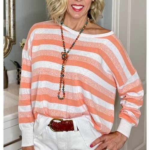 Maglione oversize Cabi a righe misto lino swish XS pullover corallo maglia top - Foto 3 di 11