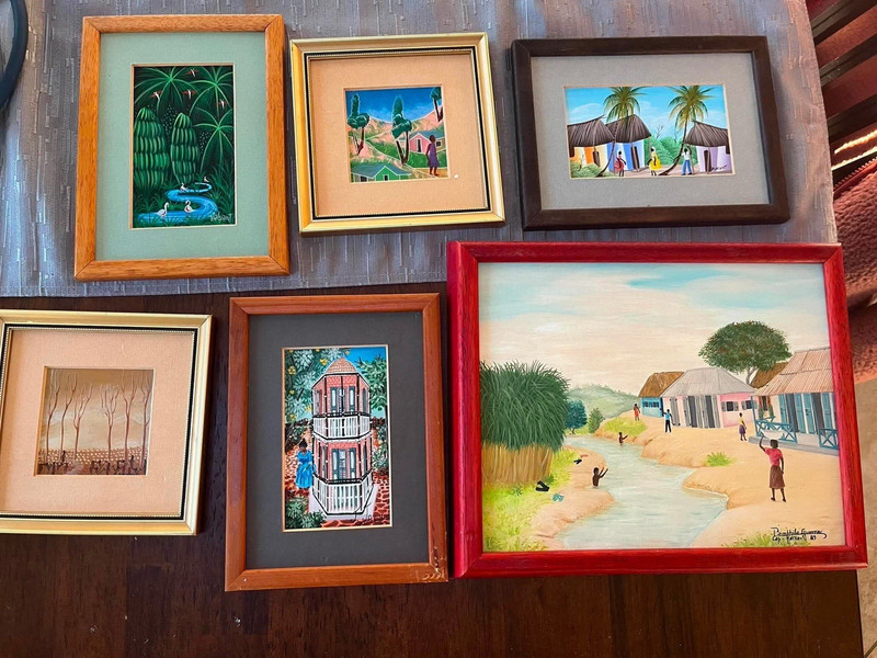 Haitian Folk Art Landscape Buildings Framed Painting Set on Paper