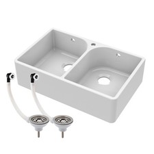 Double Bowl Fireclay Ceramic Butler Kitchen Sink with Full Weir, Overflows & Was