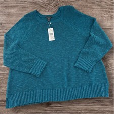NEW Eileen Fisher Teal Blue Organic Linen Cotton Slub Sweater 198 1X Crewneck