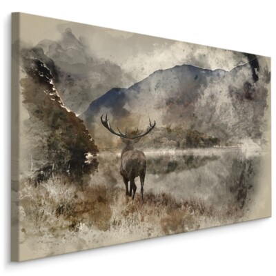 CANVAS Leinwand Bilder XXL Wandbilder Kunstdruck Hirsch See Berge Felsen 846