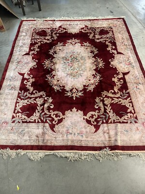 CARVED HAND KNOTTED AUBUSSON RUG - 7.5 X 9.10 White Areas Pink Bleeding ...