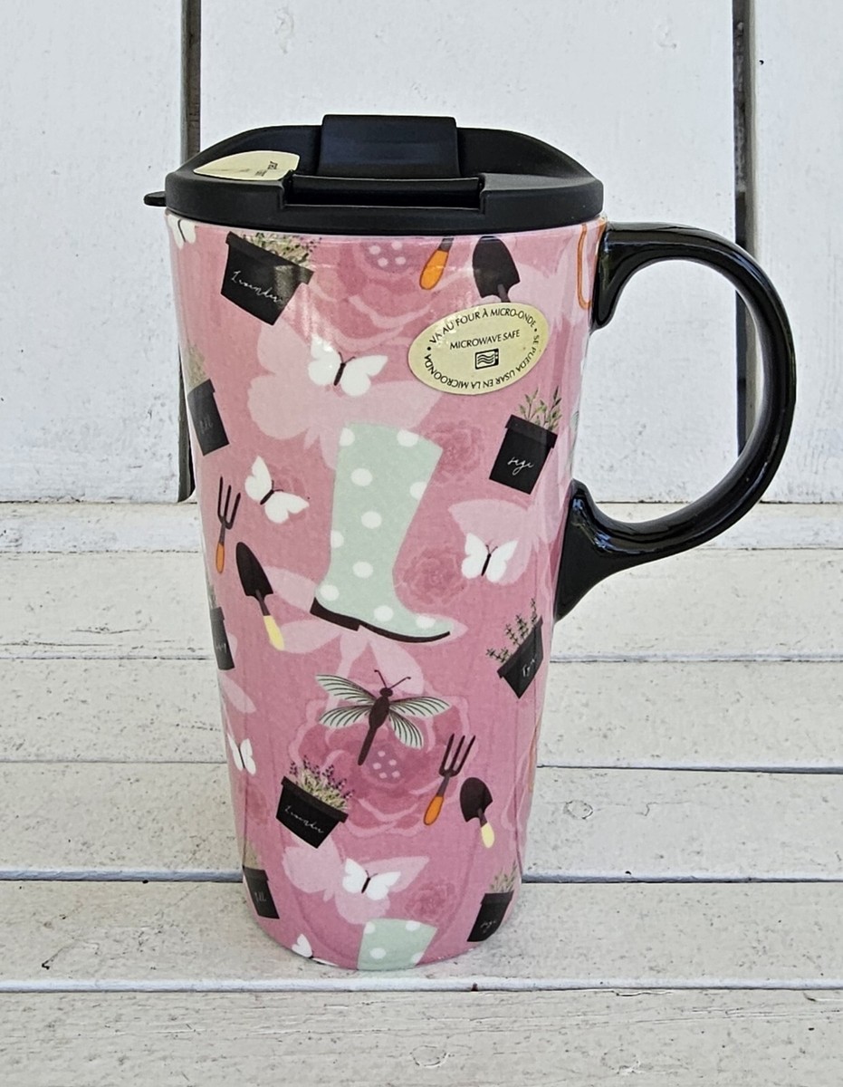 Ceramic Travel Mug New In Gift Box Garden Design DW Micro Safe Lid Handle  17 OZ