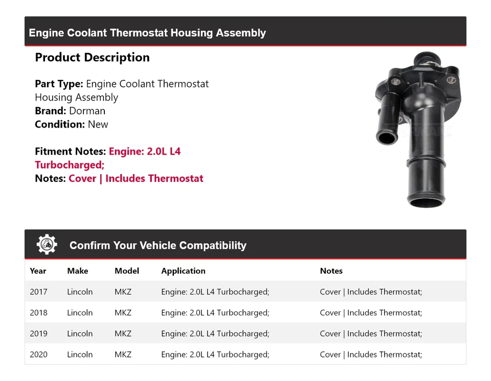 Корпус термостата в сборе для Lincoln MKZ Dorman 2017-2020 годов выпуска 2018 2019 - Изображение 2 из 4
