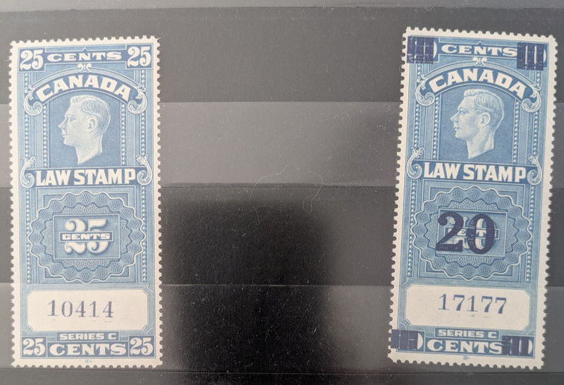 2 Canadian Law Stamps 20 Cent Overprint-Rare 25 Cent Supreme Court Mint