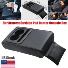 Leather Car Armrest Cushion Pad Center Console Box Cover w/Rear Seat Cup Holder